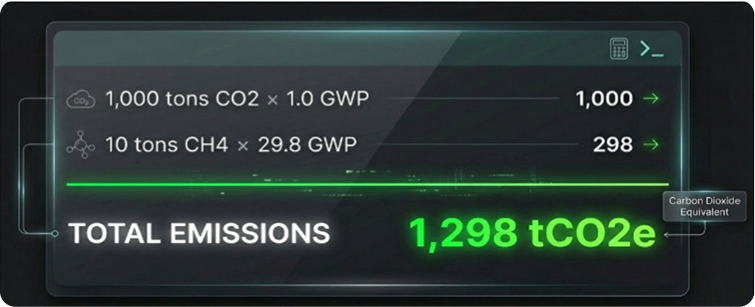 Example calculation showing 1,298 tCO2e total emissions