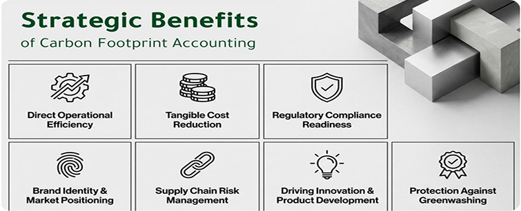Strategic benefits of carbon footprint accounting grid infographic