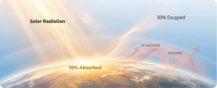 Solar radiation reaching Earth — 30% reflected, 70% absorbed, infrared re-radiated and trapped by greenhouse gases