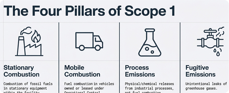 Four pillars of Scope 1: stationary combustion, mobile combustion, process emissions, and fugitive emissions